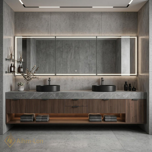 60''-96'' Double Bathroom Vanity with Sink Floating Dark Walnut Finish Modern Panel