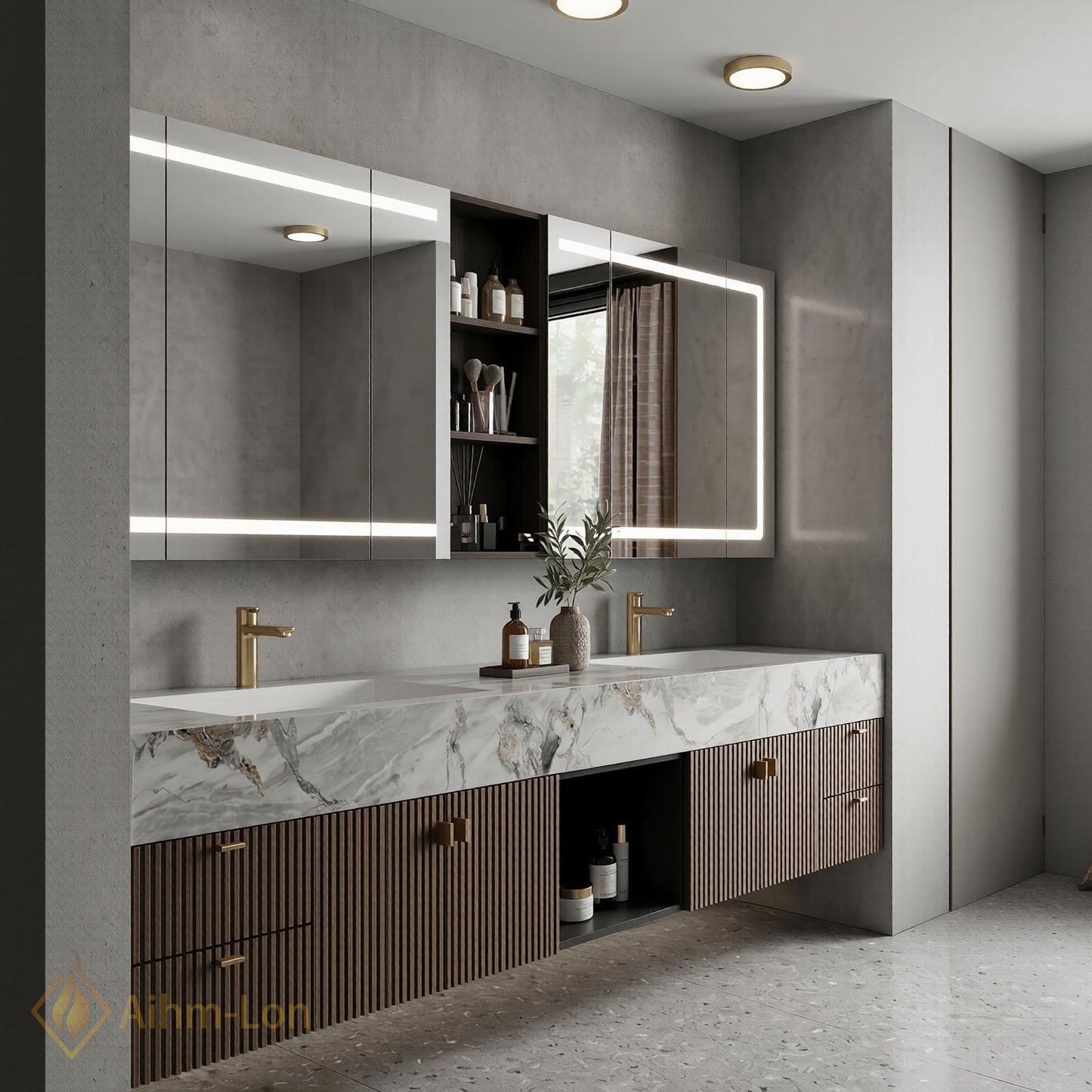 70''-96'' Bathroom Vanity with Sink Modern Floating White Marble Pattern Top Slatted