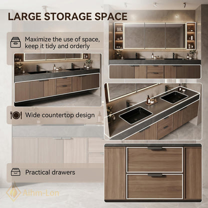 60''-96'' Double Bathroom Vanity with Sink Modern Floating Ribbed Wood Dark Stone