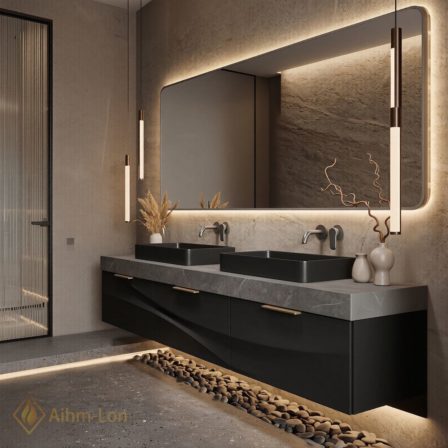 60''-96'' Double Bathroom Vanity with Sink Grey-Marble Grey Floating Wave Design Texture