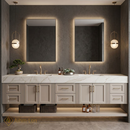 76''-96'' Double Bathroom Vanity with Sink Solid Wood Panels Floating Frame Open