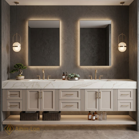 76''-96'' Double Bathroom Vanity with Sink Solid Wood Panels Floating Frame Open