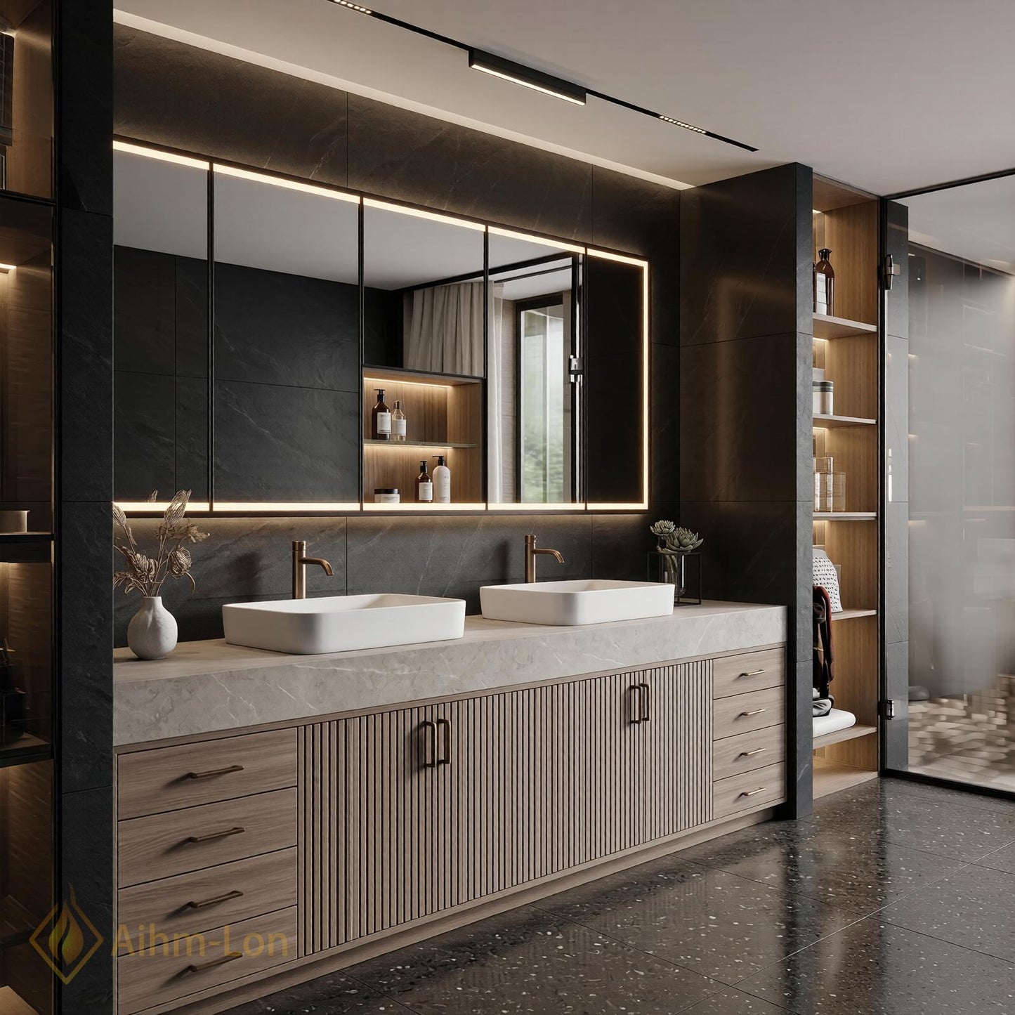 72''-96'' Double Bathroom Vanity with Sink Light-Wood Modern Slatted Doors Storage