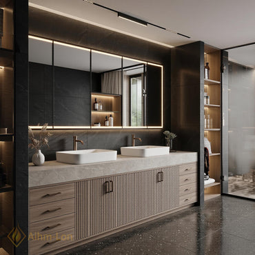 72''-96'' Double Bathroom Vanity with Sink Light-Wood Modern Slatted Doors Storage