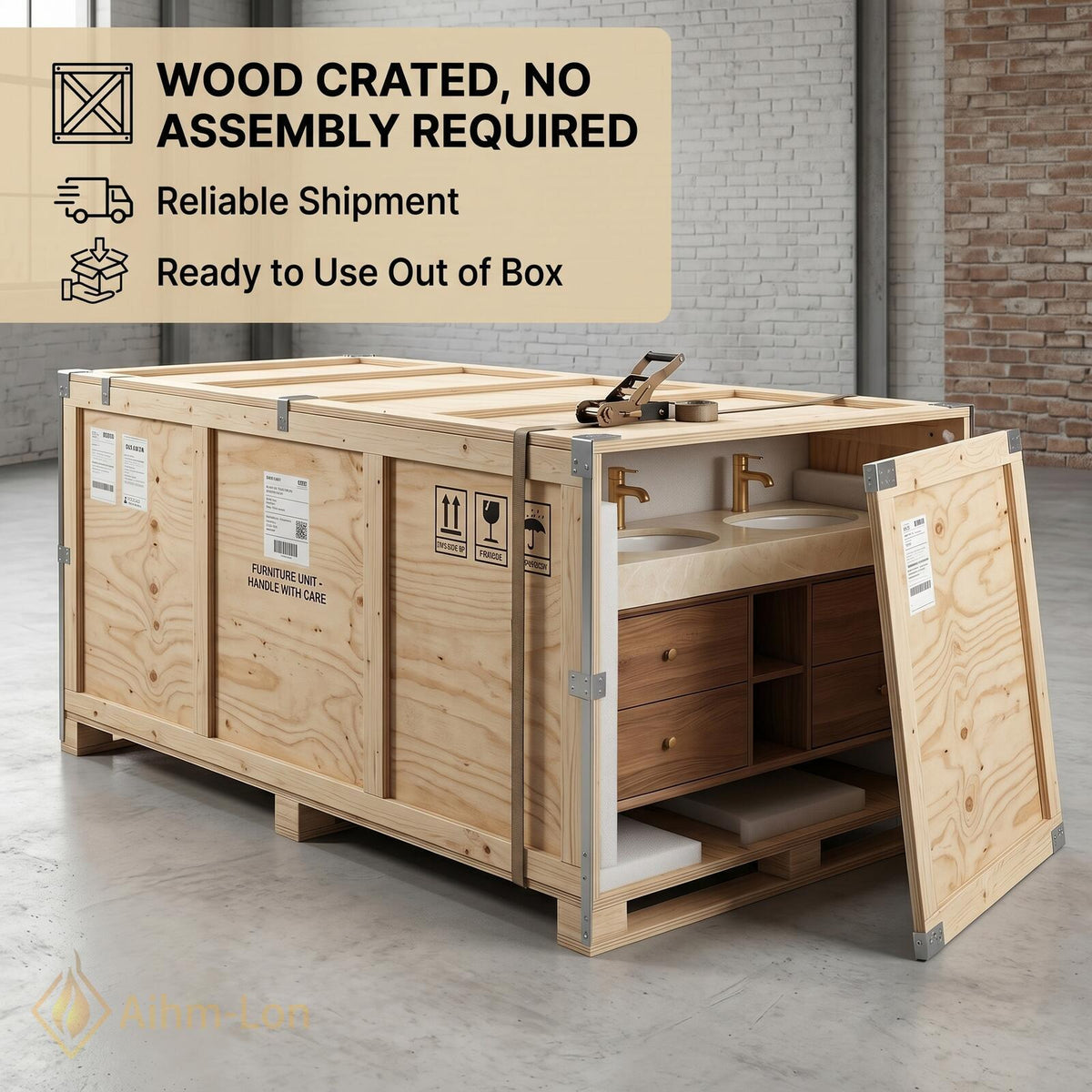 60''-96'' Double Bathroom Vanity with Sink Wall-Mounted Natural Wood Grain Finish Shelving