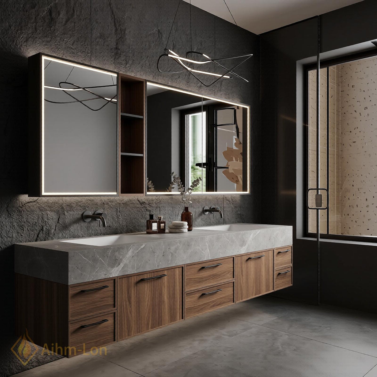 76''-96'' Double Bathroom Vanity with Sink Floating Double Grey Stone Top Wood