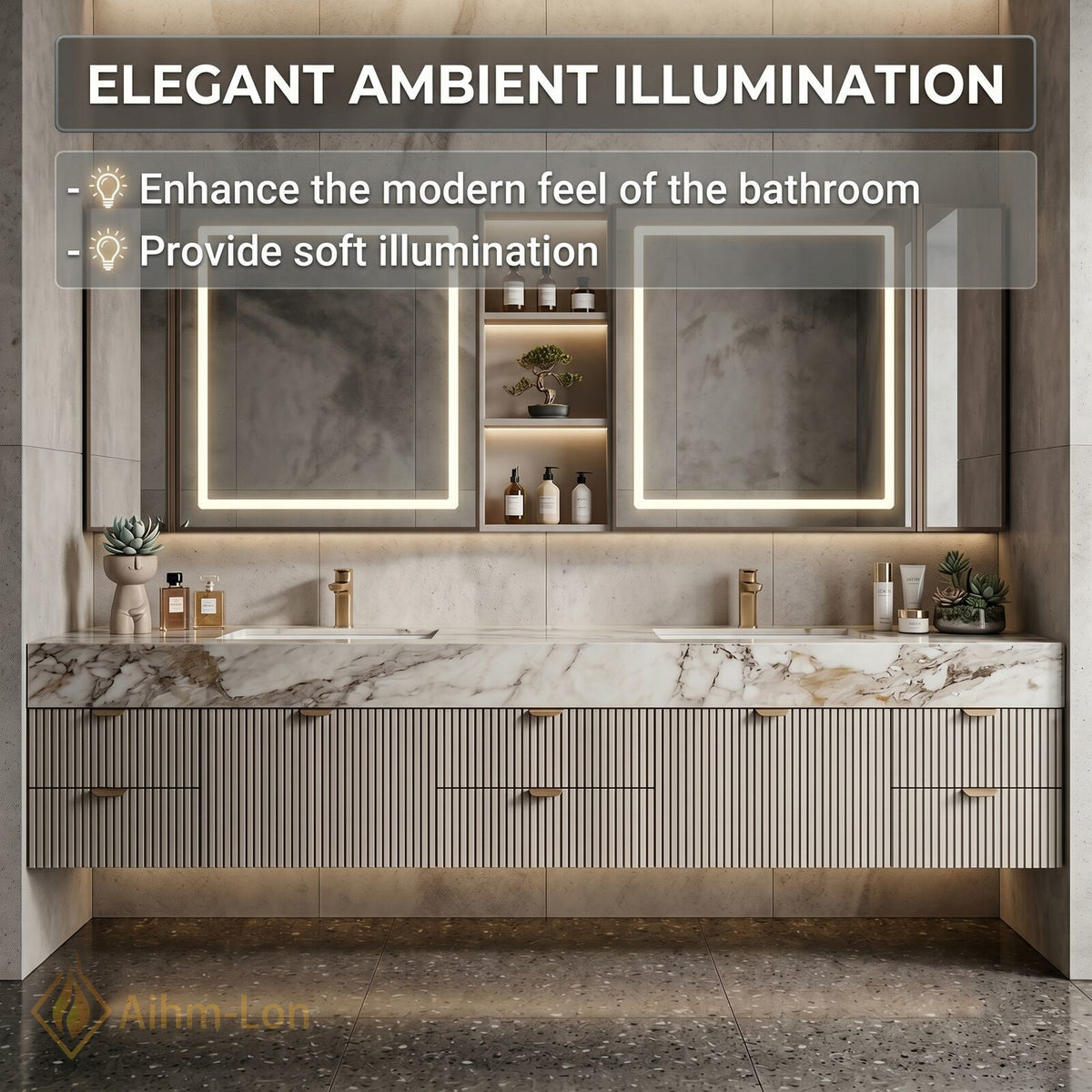 76''-96'' Double Bathroom Vanity with Sink Slatted Front Panel Marble Texture Top