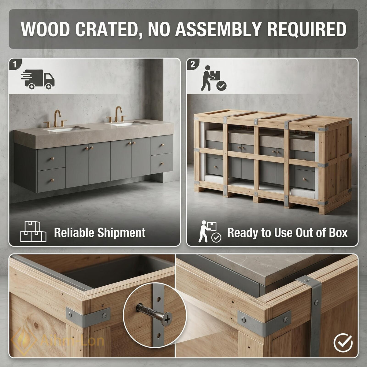 60''-96'' Double Bathroom Vanity with Sink Stone Textured Top Slatted Panel Drawers