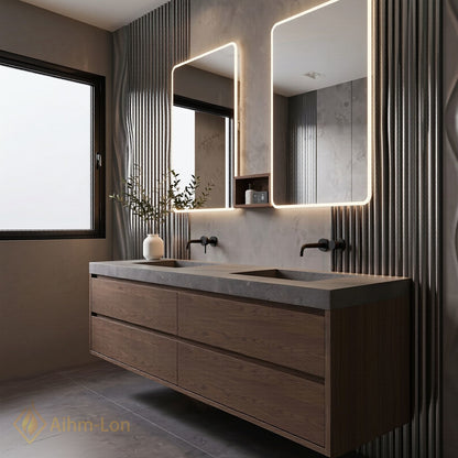 60''-96'' Floating Bathroom Vanity with Sink Dual Wall Mounted Textured Grey Stone Top Cabinet