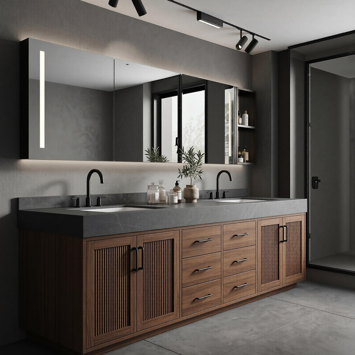 60''-96'' Double Bathroom Vanity with Sink Modern Fluted Slatted Doors Central Drawer