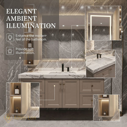 48''-64'' Modern Bathroom Vanity with Sink Floating Beige Marble Vertical Mirror Shelving