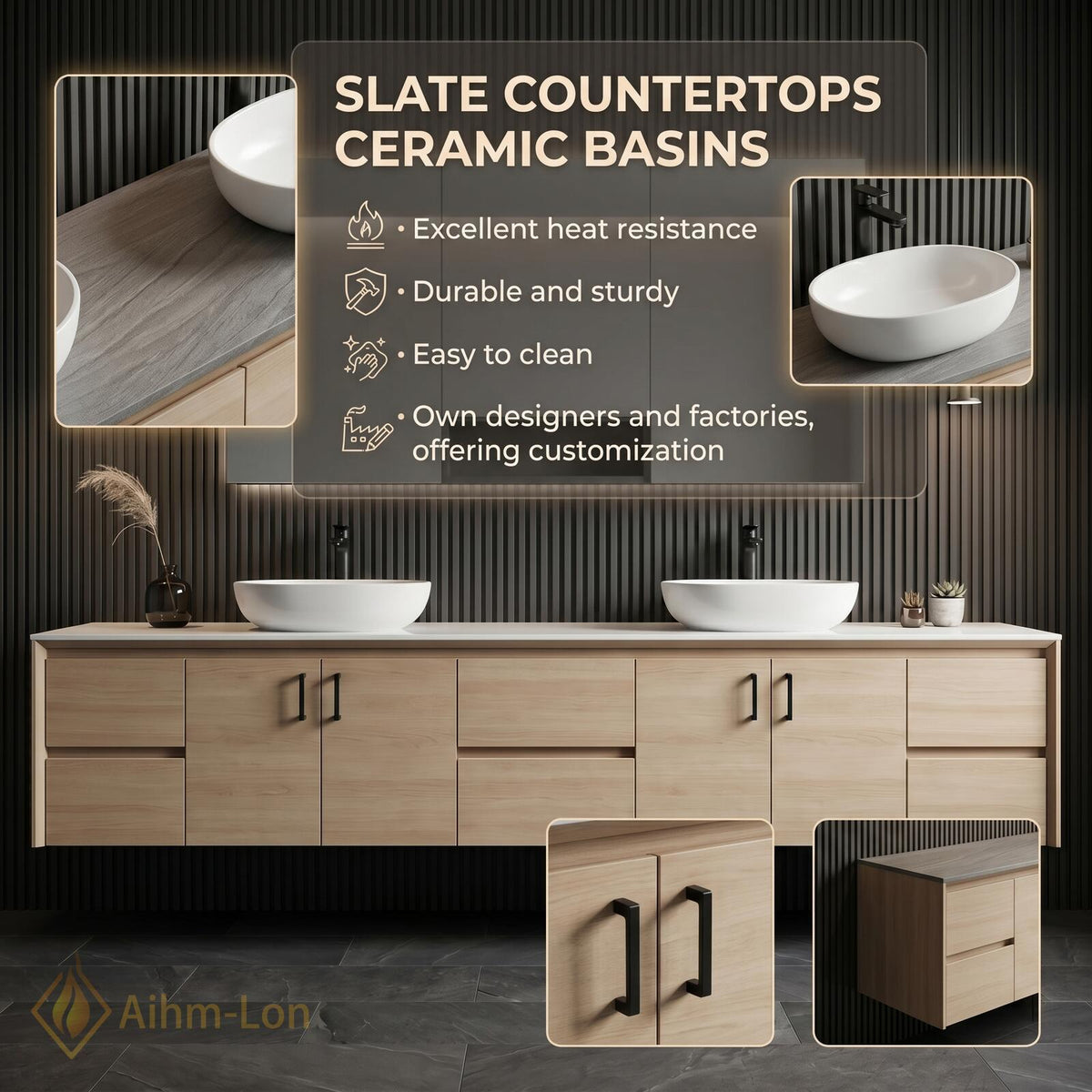 60''-96'' Double Bathroom Vanity with Sink Floating Solid Wood Veneer Mirror Storage