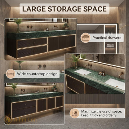 60''-96'' Double Bathroom Vanity with Sink Dark Walnut Slatted Front Dual Drawers