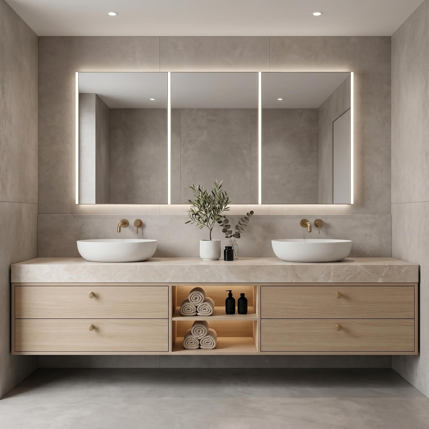60''-96'' Floating Bathroom Vanity with Sink Double Sink Light Wood Open Shelving Drawers Mirror