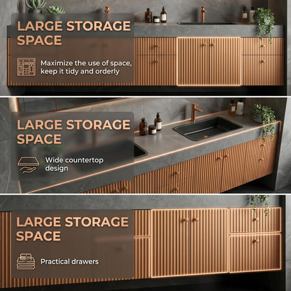 78''-96'' Floating Bathroom Vanity with Sink Double Sink Fluted Copper Finish Mirror Cabinet