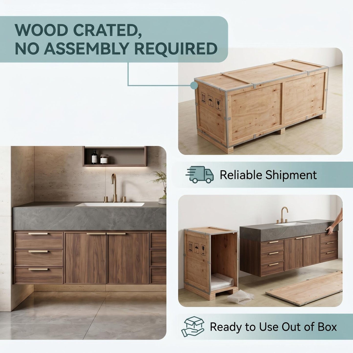 70''-96'' Modern Bathroom Vanity with Sink Double Sink Dark Stone Walnut Drawers Cabinet