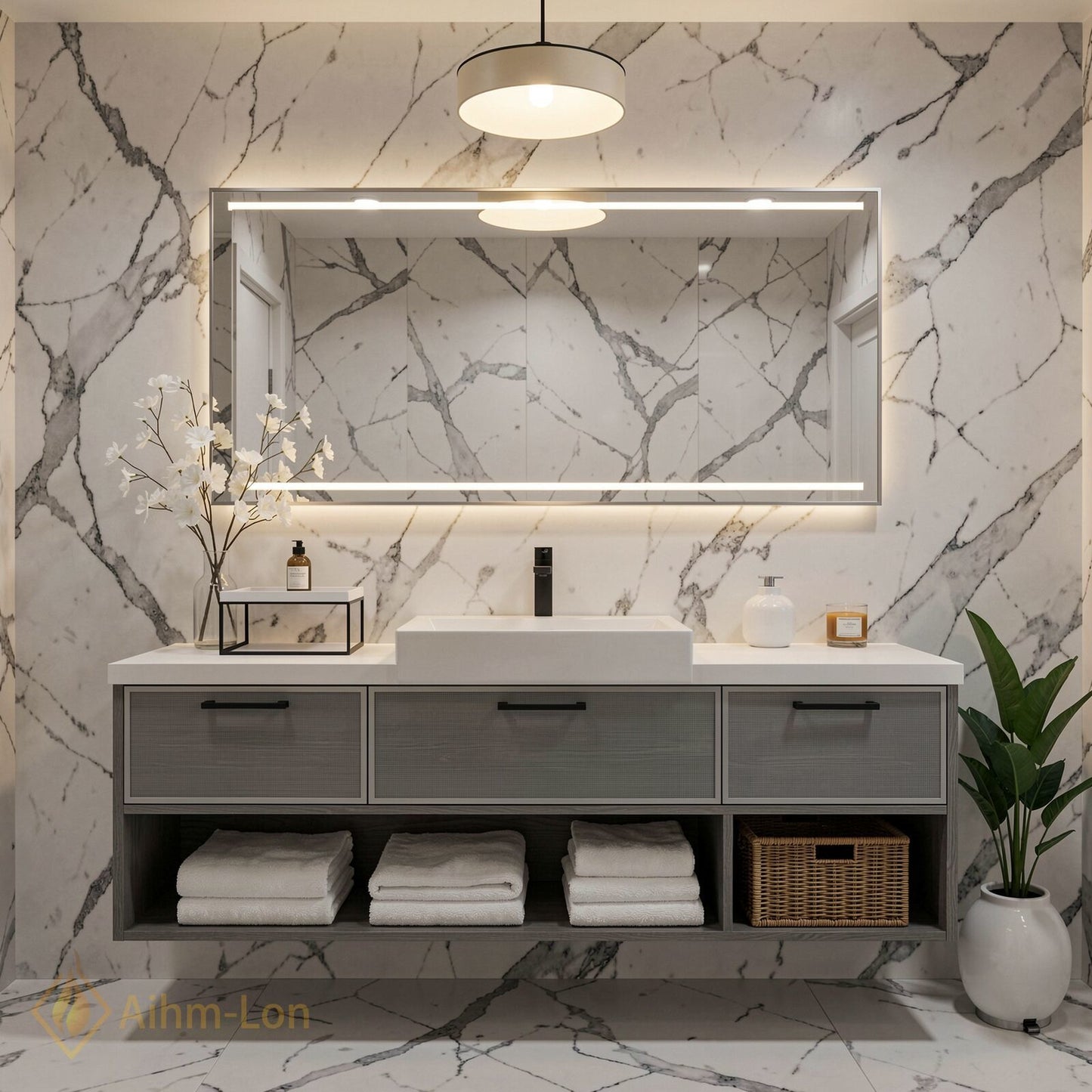 40''-64'' Floating Bathroom Vanity with Sink Grey Mesh Three Drawers Open Shelving