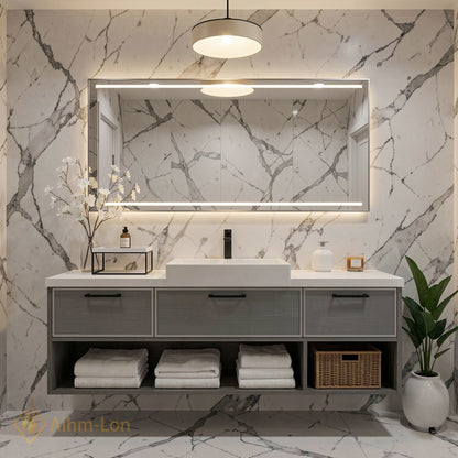 40''-64'' Floating Bathroom Vanity with Sink Grey Mesh Three Drawers Open Shelving