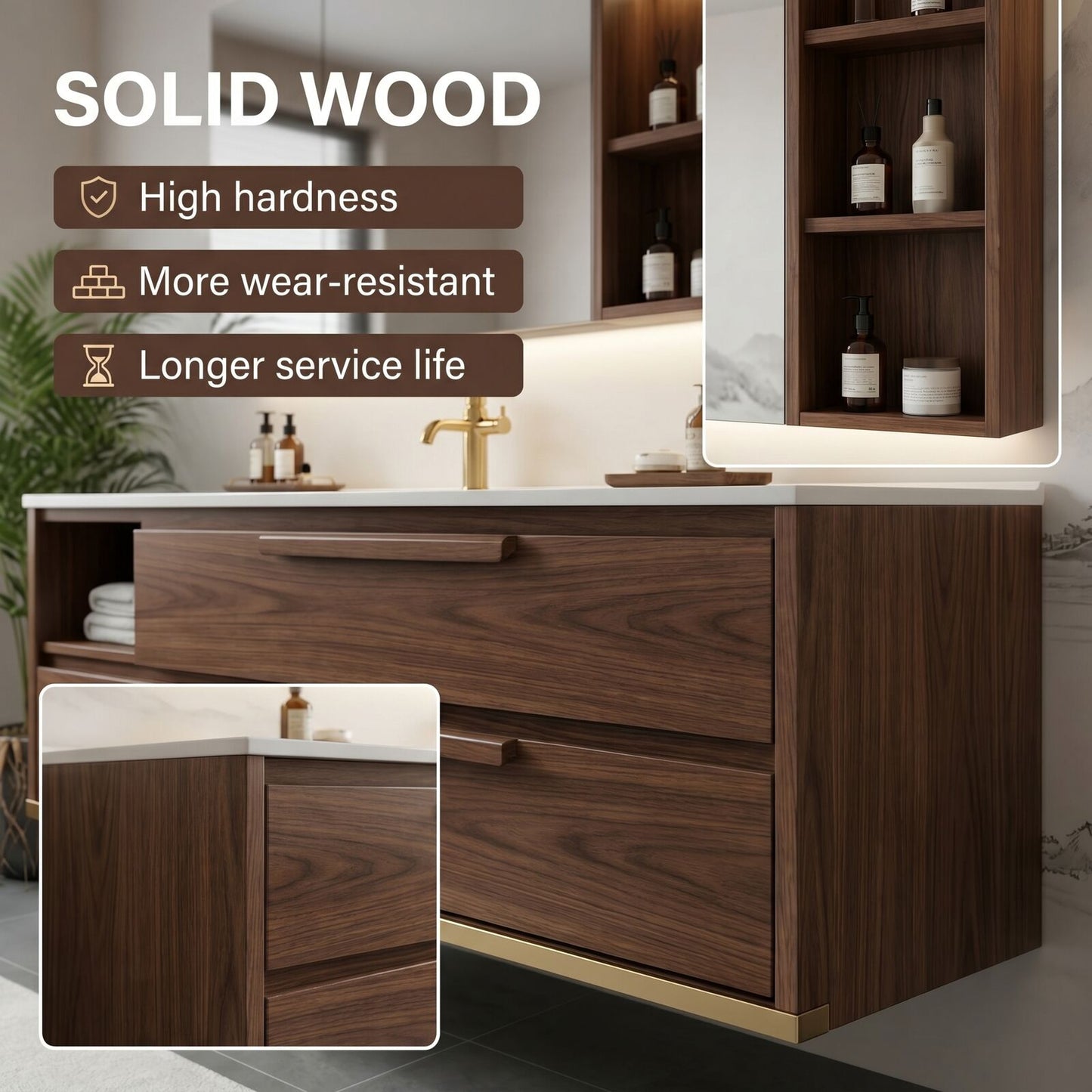 36''-64'' Floating Bathroom Vanity with Sink Dark Wood Grain Open Shelf Cabinet