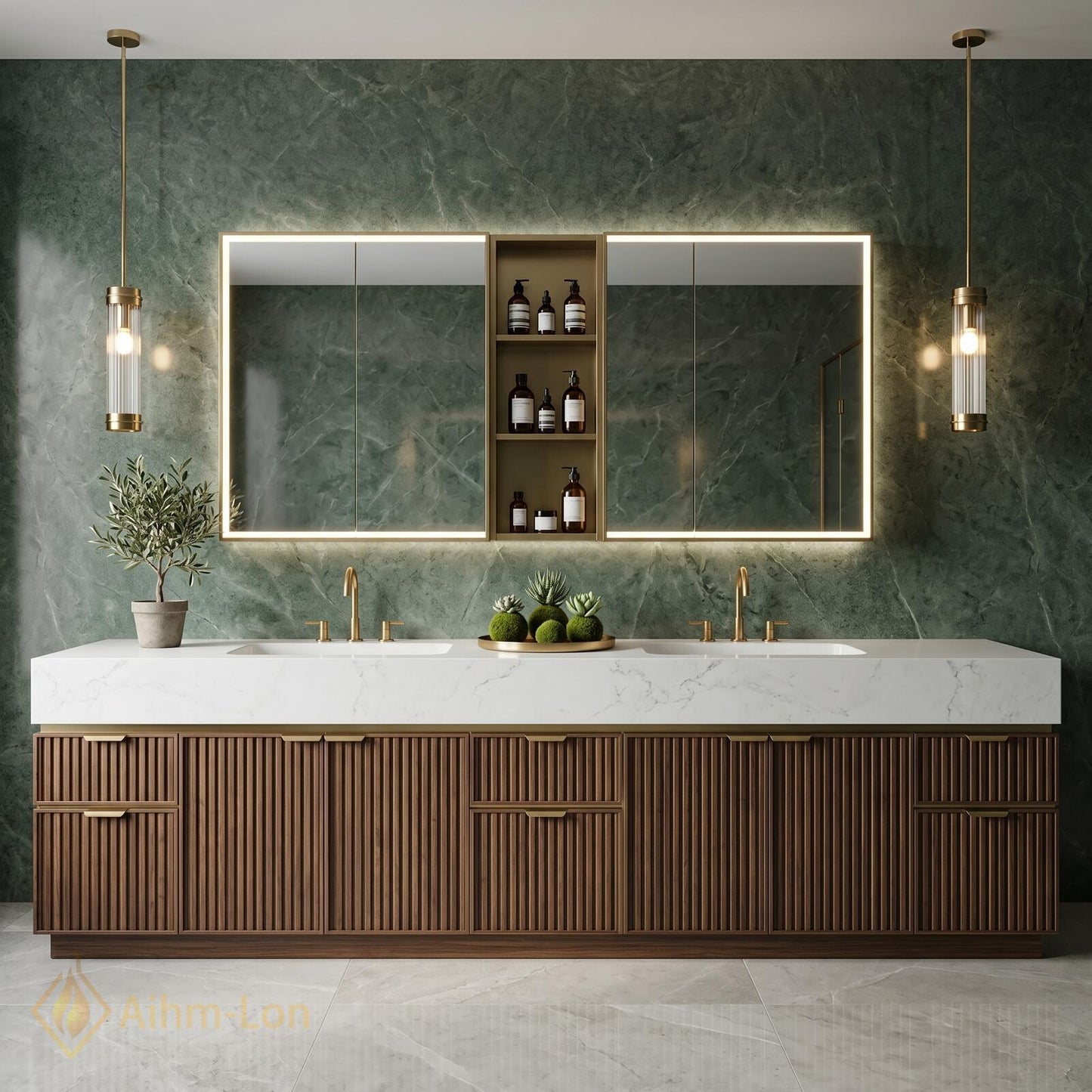 76''-96'' Modern Double Bathroom Vanity with Sink White Marble Slatted Walnut Front
