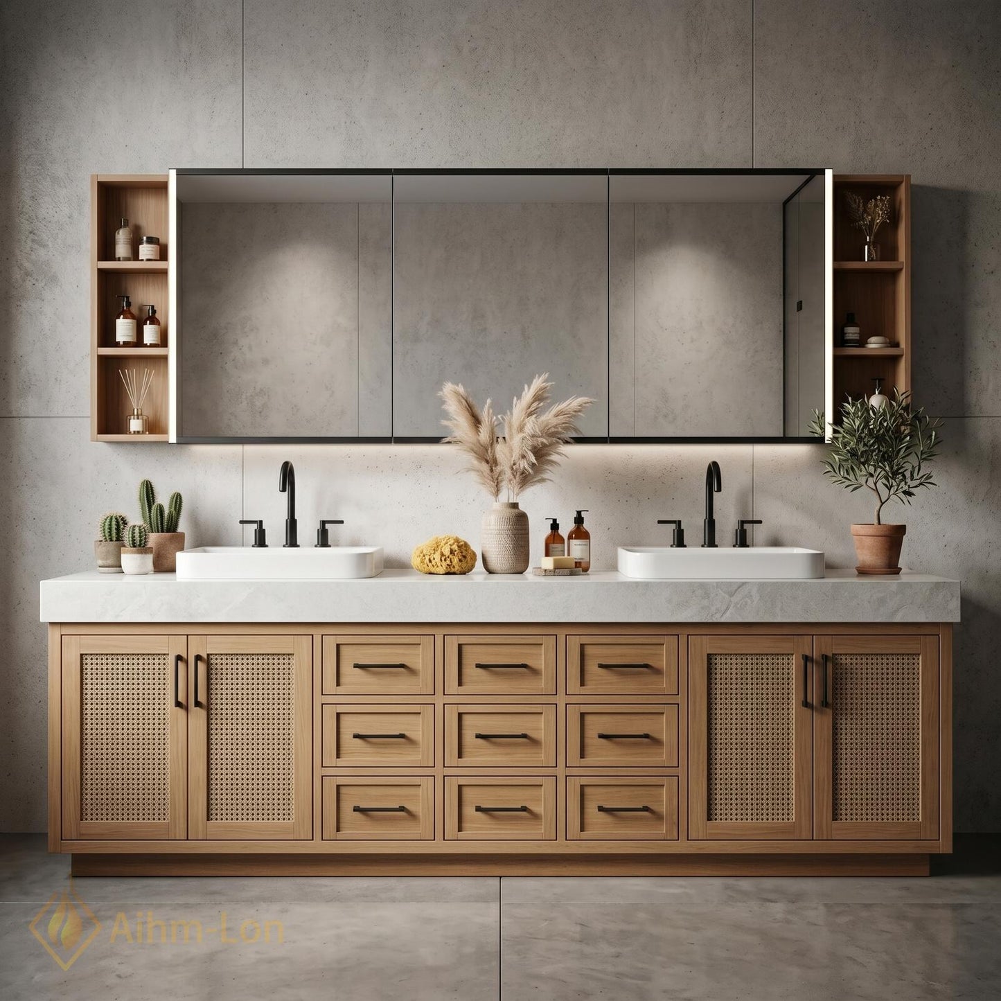 78''-96'' Double Bathroom Vanity with Sink Modern Solid Wood Cane Mesh Storage