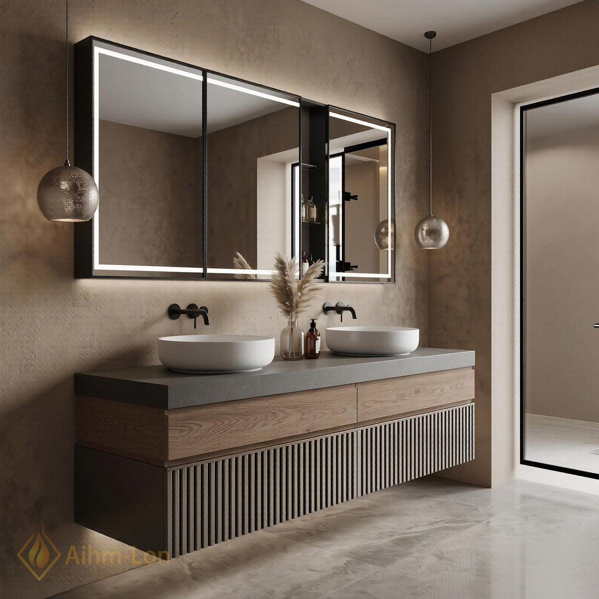 60''-96'' Bathroom Vanity with Sink Floating Ribbed Lower Panel Solid Wood Top