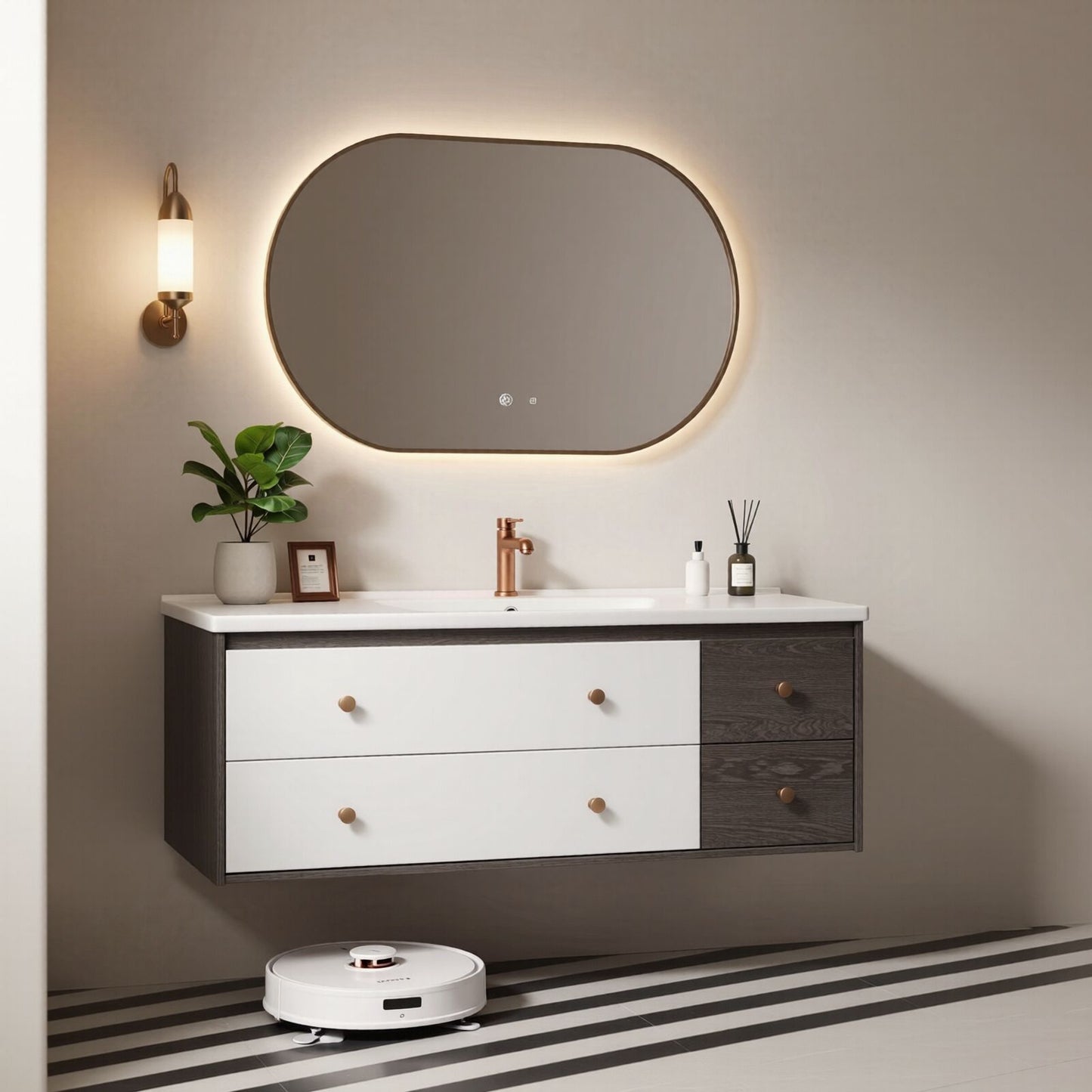 36''-64'' Modern Bathroom Vanity with Sink Floating Dual-Tone White Charcoal Smart Mirror