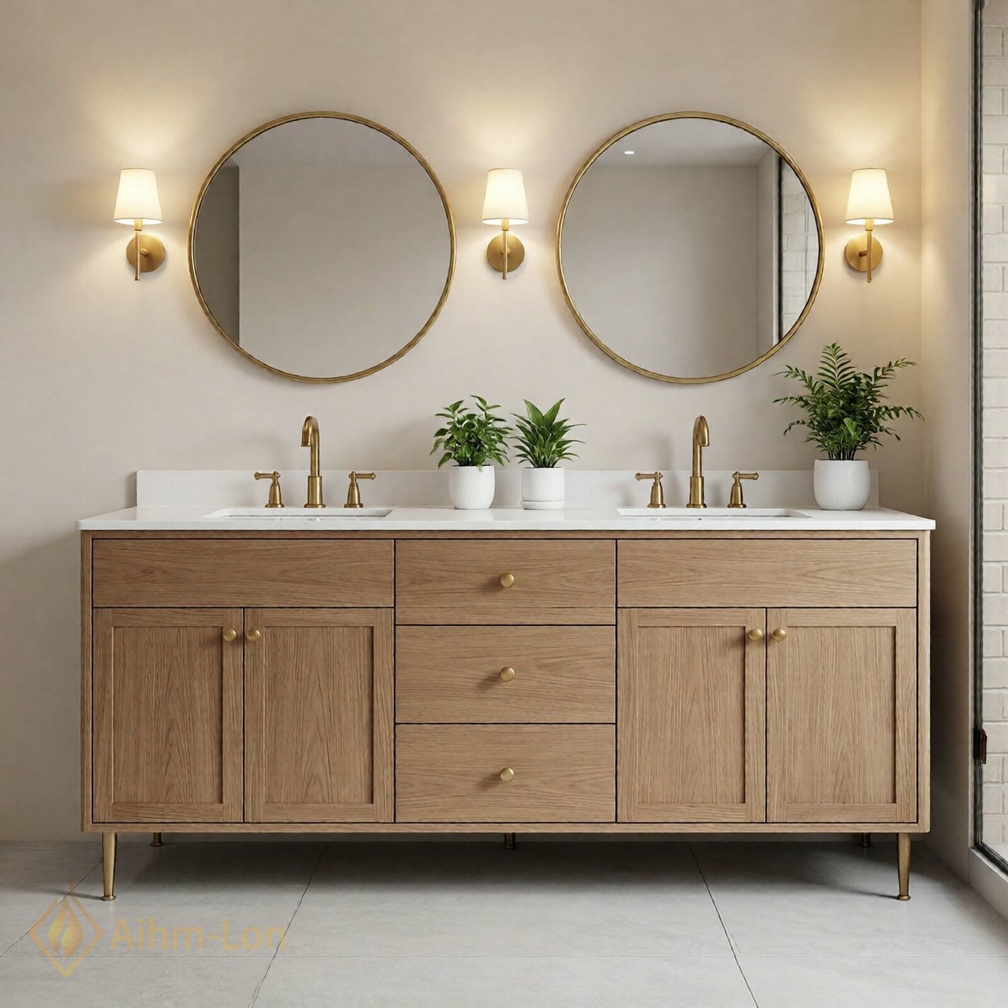 70''-96'' Modern Bathroom Vanity with Sink Double Sink Solid Wood Legs Round Mirrors