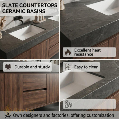 60''-96'' Double Bathroom Vanity with Sink Modern Floating Walnut Wood Grain Finish