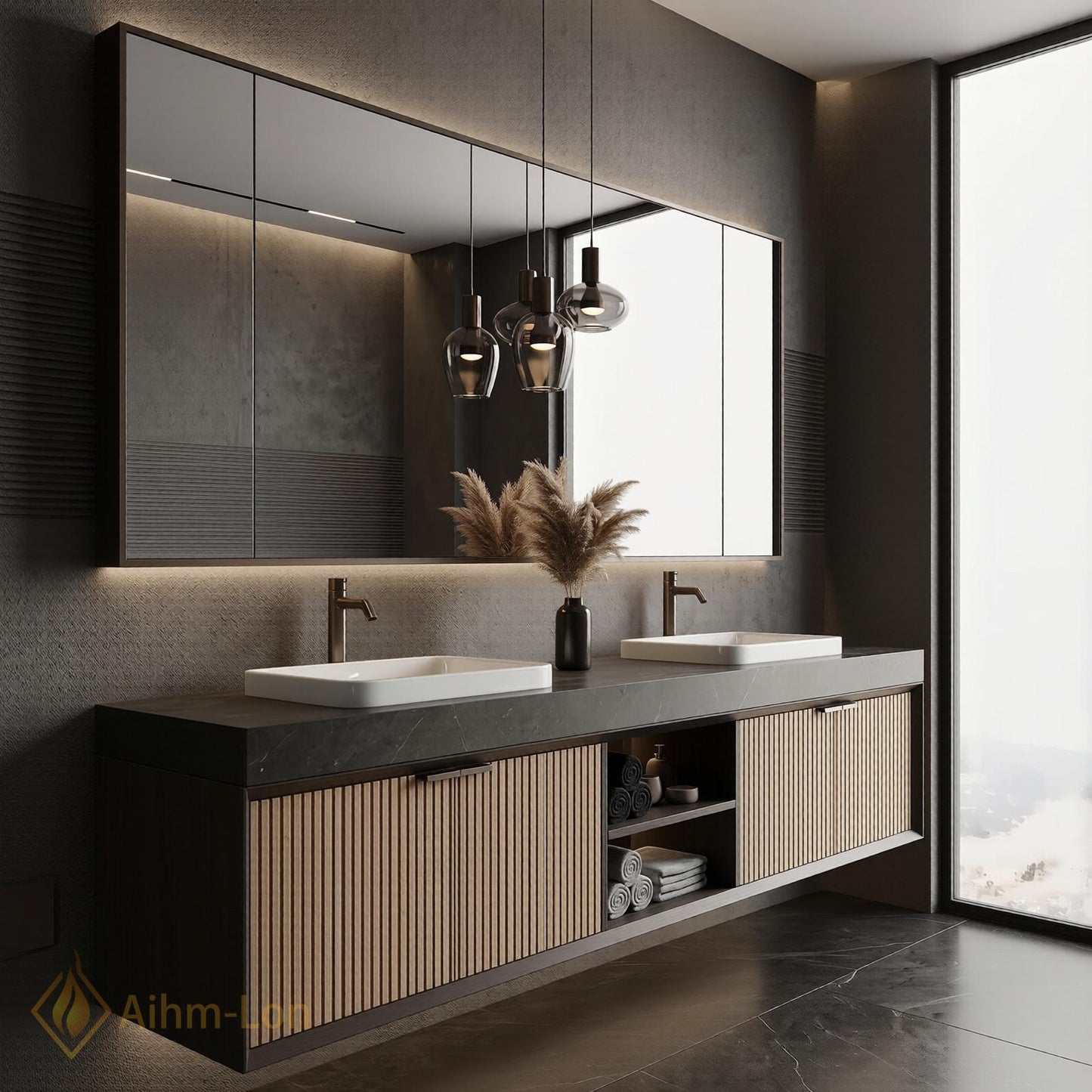 60''-96'' Double Bathroom Vanity with Sink Dark Modern Floating Stone Countertop Slatted