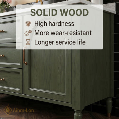 48''-64'' Modern Bathroom Vanity with Sink Distressed Olive Green Marble Sculpted Drawers