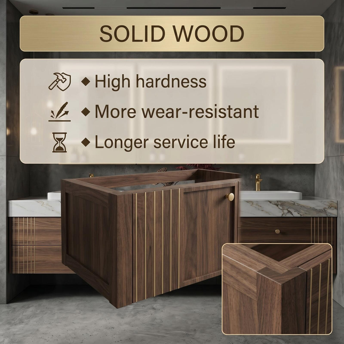 60''-96'' Double Bathroom Vanity with Sink Modern Floating Dark Walnut Grain Storage