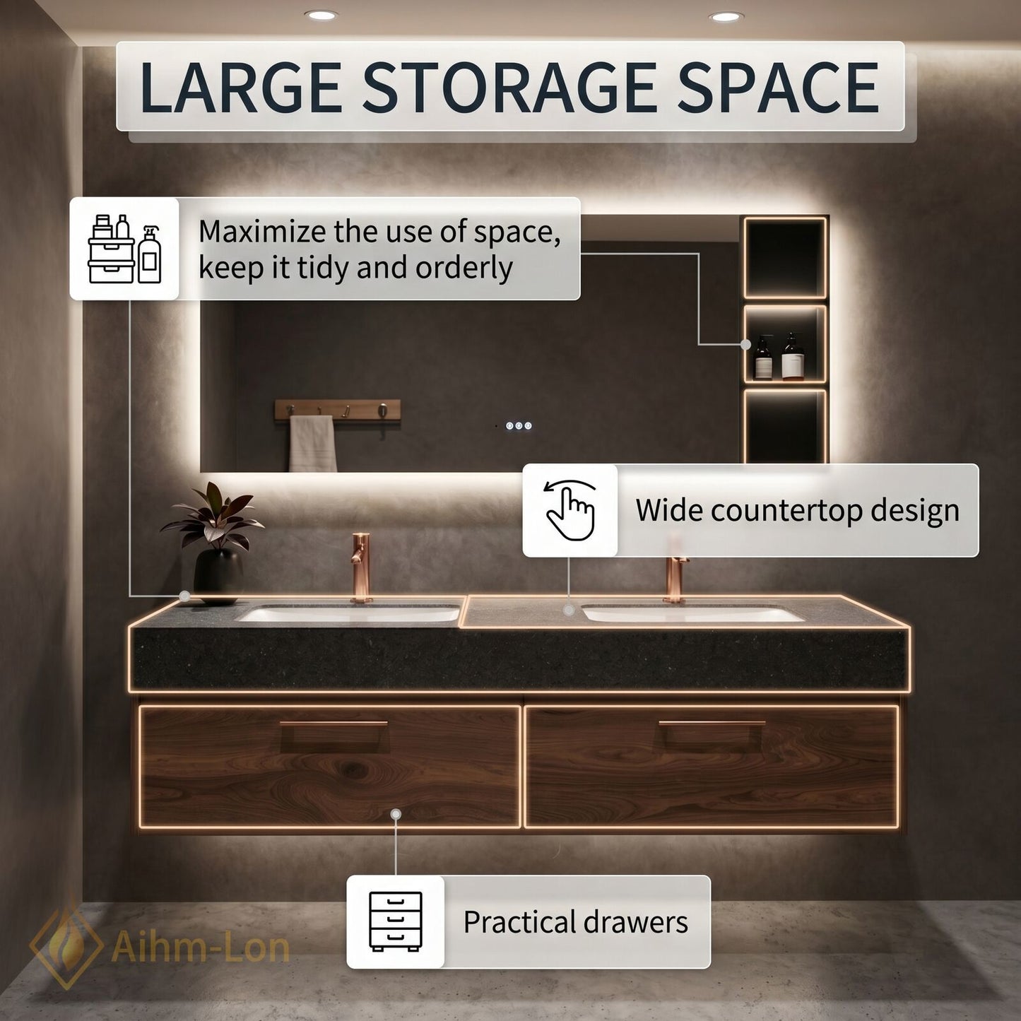 60''-96'' Floating Bathroom Vanity with Sink Double Sink Speckled Stone Mirror Cabinet