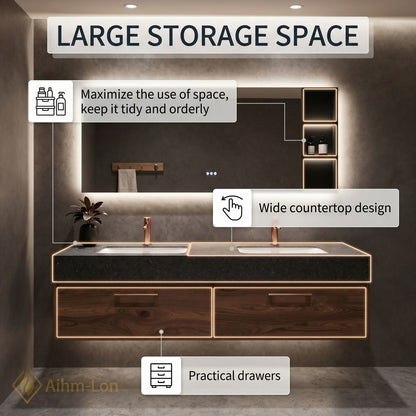 60''-96'' Floating Bathroom Vanity with Sink Double Sink Speckled Stone Mirror Cabinet
