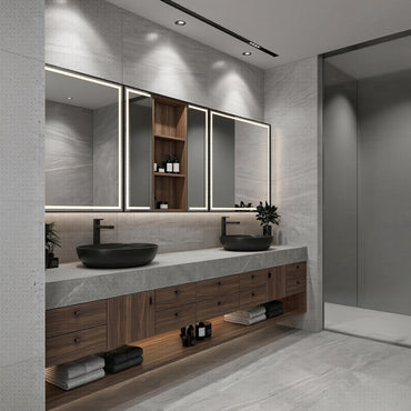 60''-96'' Double Bathroom Vanity with Sink Modern Floating Dark Wood Finish Open Shelving
