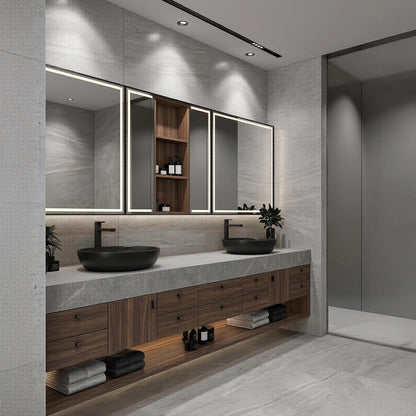 60''-96'' Double Bathroom Vanity with Sink Modern Floating Dark Wood Finish Open Shelving