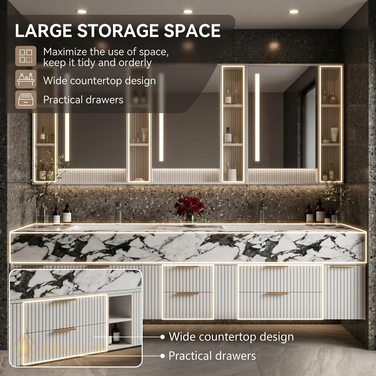 60''-96'' Double Bathroom Vanity with Sink Vertical Slatted Front Warm Wood Tone