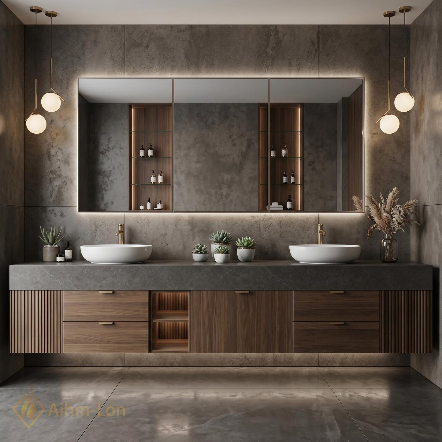 72''-96'' Double Bathroom Vanity with Sink Dark-Walnut Modern Center Floating Shelving