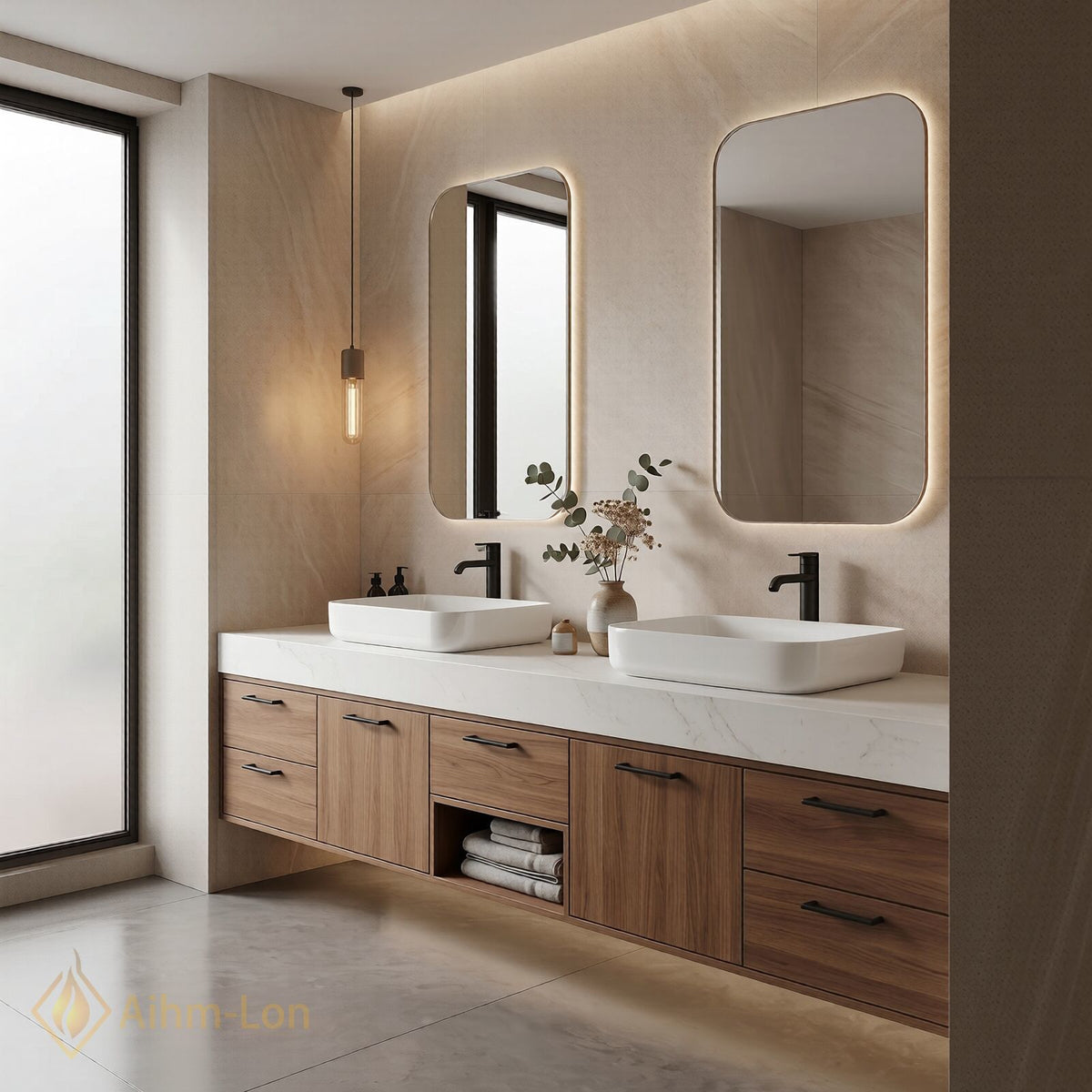 78''-96'' Double Bathroom Vanity with Sink Walnut Wood Finish Central Open Shelf