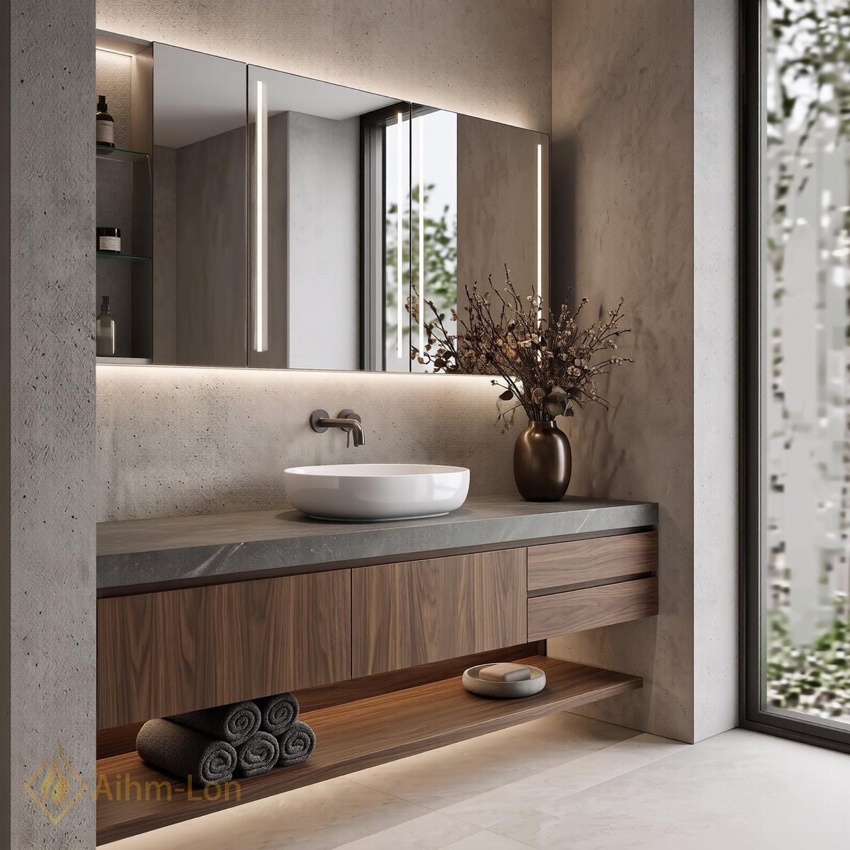36''-110'' Floating Bathroom Vanity with Sink Sintered Stone Top Open Shelving