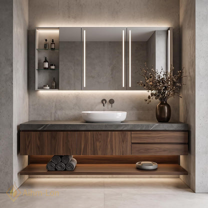 36''-110'' Floating Bathroom Vanity with Sink Sintered Stone Top Open Shelving