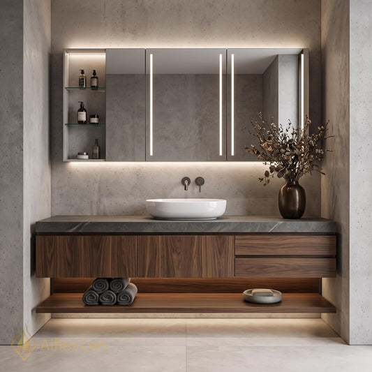 36''-110'' Floating Bathroom Vanity with Sink Sintered Stone Top Open Shelving