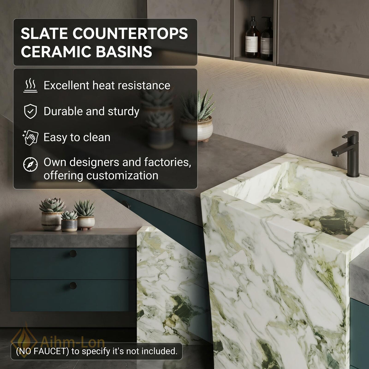 60''-96'' Double Bathroom Vanity with Sink Marble Slab Divider Floating Teal Drawers