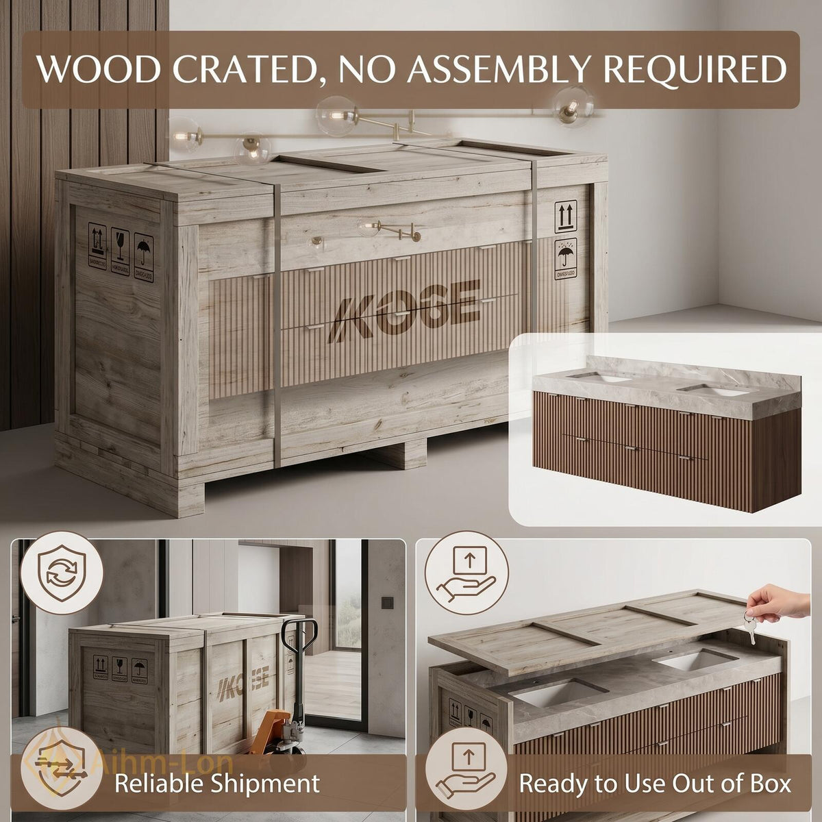 60''-96'' Double Bathroom Vanity with Sink Modern Slatted Wood Panels Stone-Like Countertop