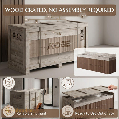 60''-96'' Double Bathroom Vanity with Sink Modern Slatted Wood Panels Stone-Like Countertop