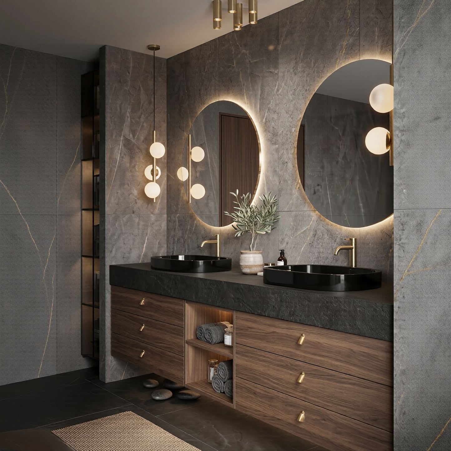 60''-96'' Modern Bathroom Vanity with Sink Double Sink Dark Wood Circular Mirror Open Shelf