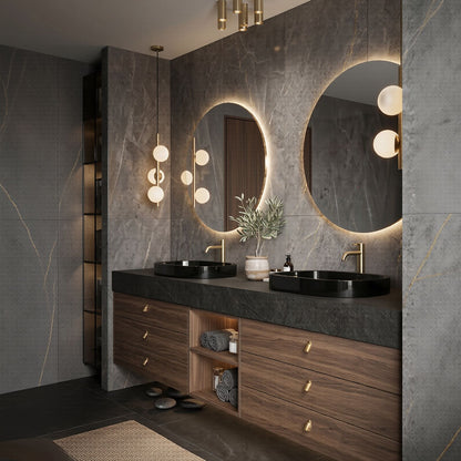 60''-96'' Modern Bathroom Vanity with Sink Double Sink Dark Wood Circular Mirror Open Shelf