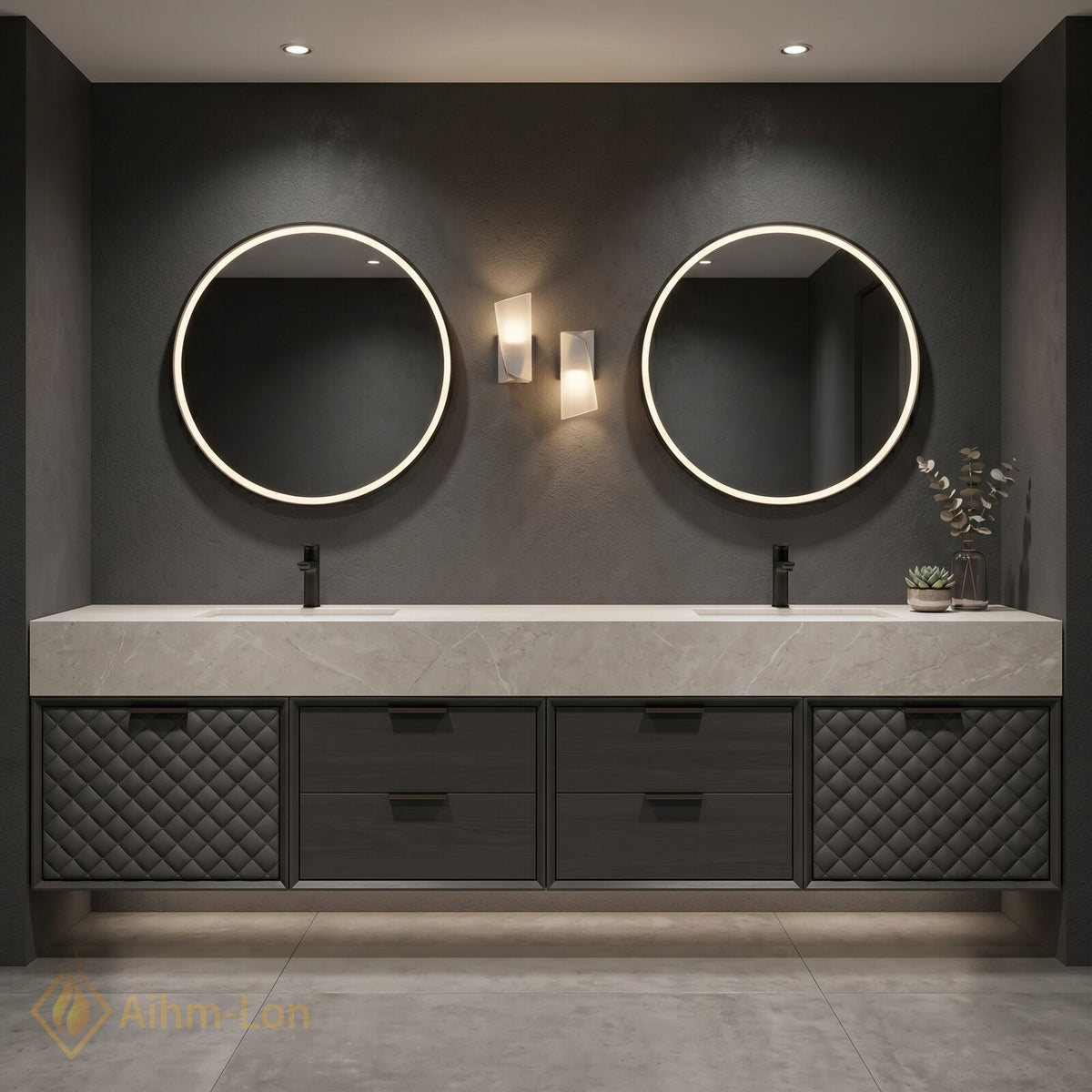 60''-96'' Double Bathroom Vanity with Sink Quartz Top Quilted Dark Cabinet Storage