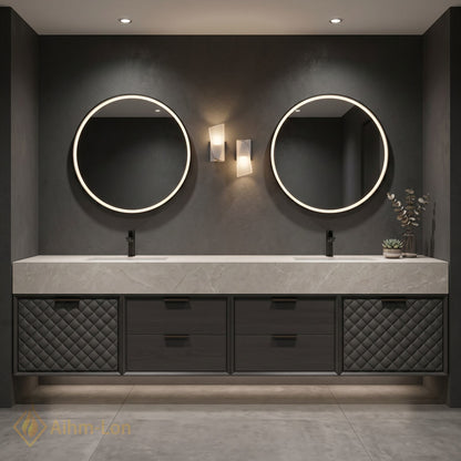 60''-96'' Double Bathroom Vanity with Sink Quartz Top Quilted Dark Cabinet Storage