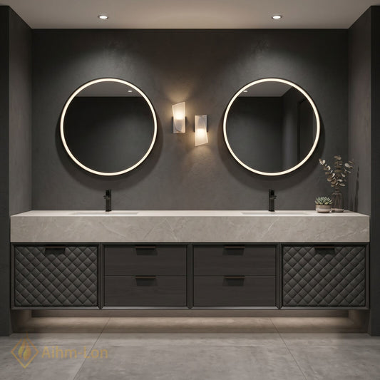 60''-96'' Double Bathroom Vanity with Sink Quartz Top Quilted Dark Cabinet Storage